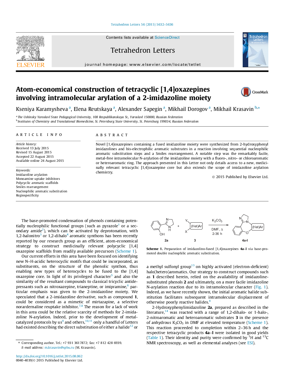 Atom-economical construction of tetracyclic [1,4]oxazepines involving intramolecular arylation of a 2-imidazoline moiety