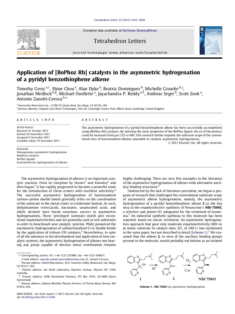 Application of [BoPhoz Rh] catalysts in the asymmetric hydrogenation of a pyridyl benzothiophene alkene