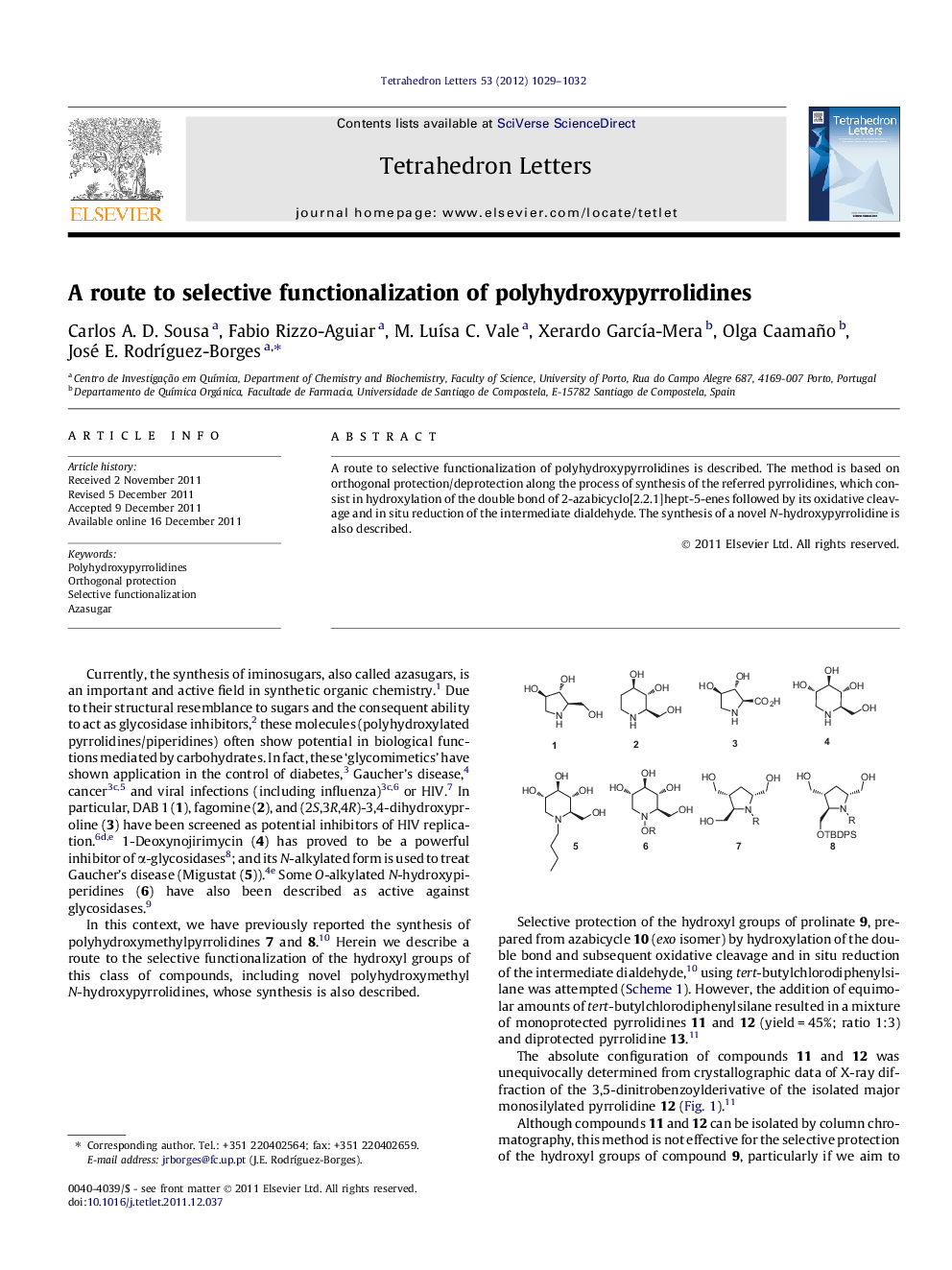 عکس صفحه اول مقاله: A route to selective functionalization of polyhydroxypyrrolidines A route to selective functionalization of polyhydroxypyrrolidines