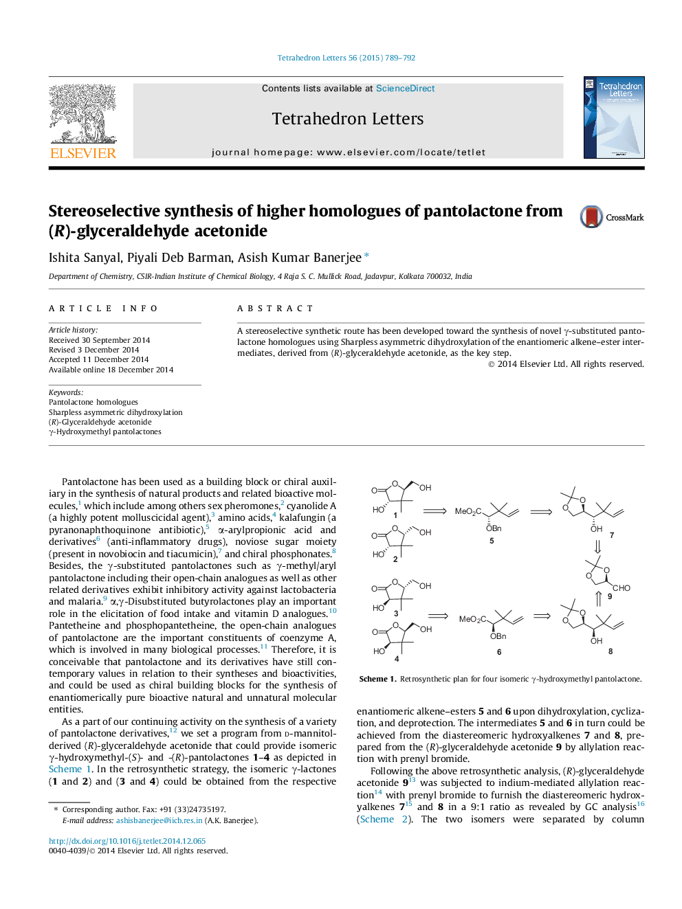 Stereoselective synthesis of higher homologues of pantolactone from (R)-glyceraldehyde acetonide