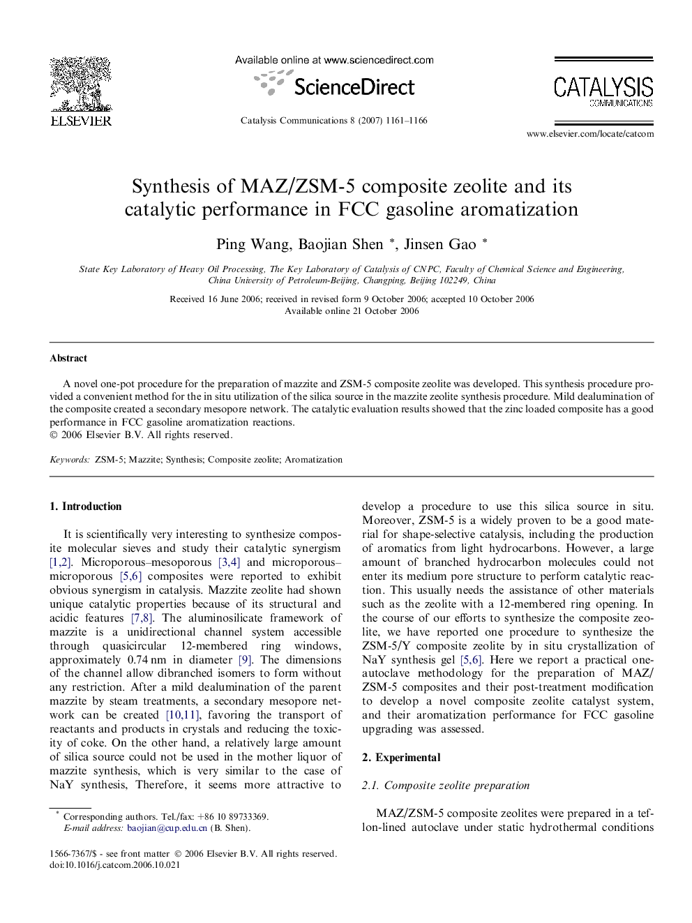 Synthesis of MAZ/ZSM-5 composite zeolite and its catalytic performance in FCC gasoline aromatization