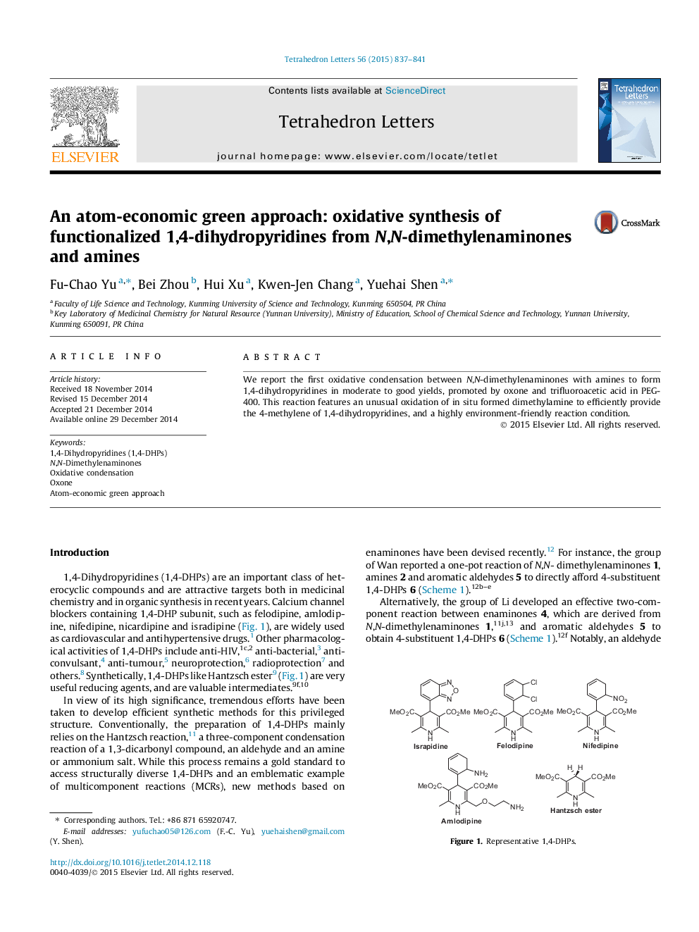 An atom-economic green approach: oxidative synthesis of functionalized 1,4-dihydropyridines from N,N-dimethylenaminones and amines