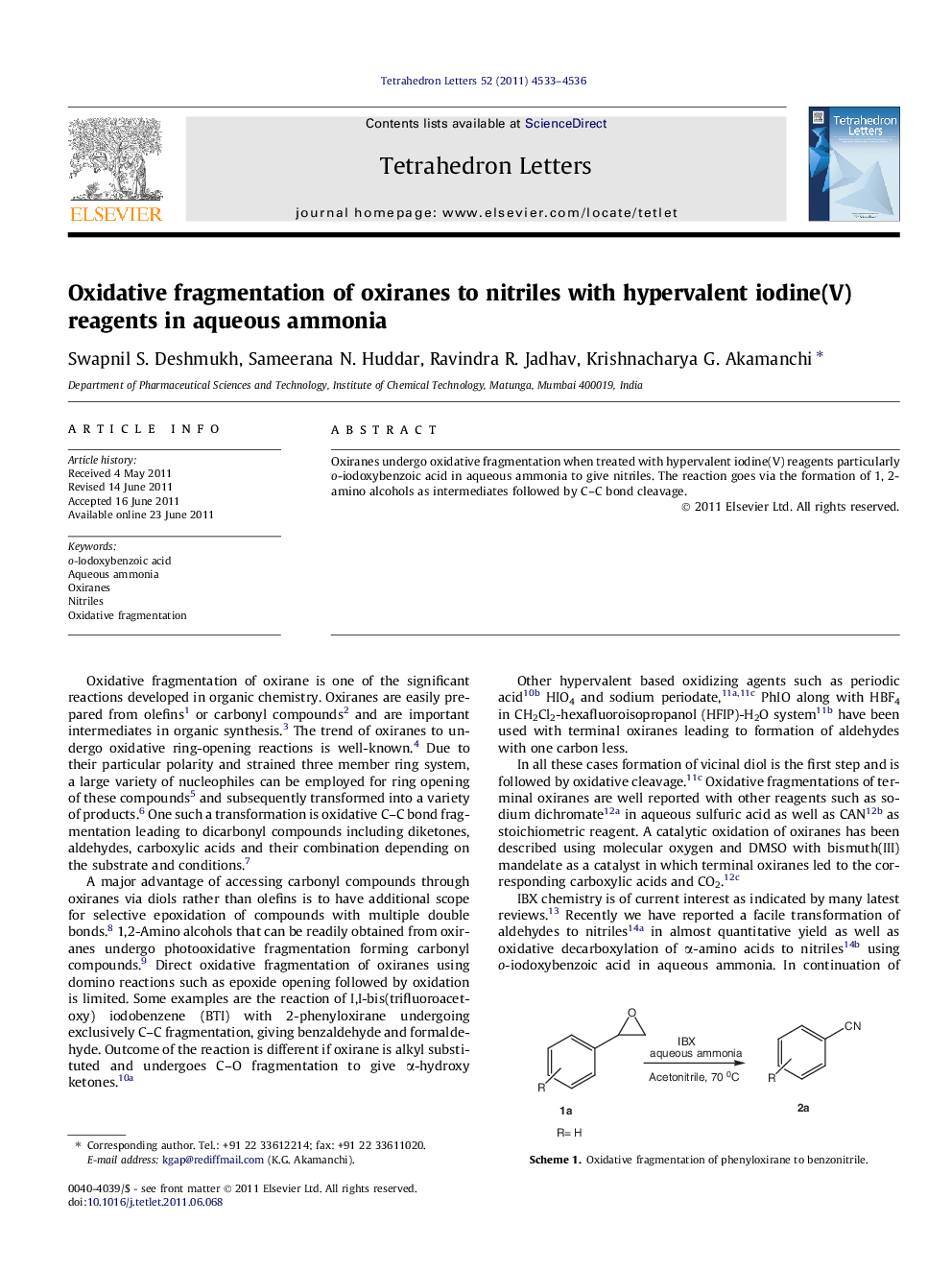 Oxidative fragmentation of oxiranes to nitriles with hypervalent iodine(V) reagents in aqueous ammonia