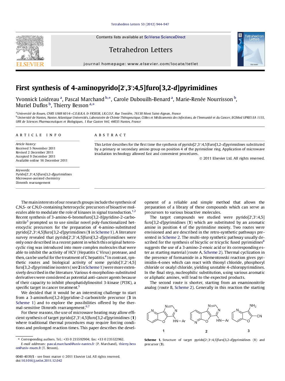 First synthesis of 4-aminopyrido[2â²,3â²:4,5]furo[3,2-d]pyrimidines