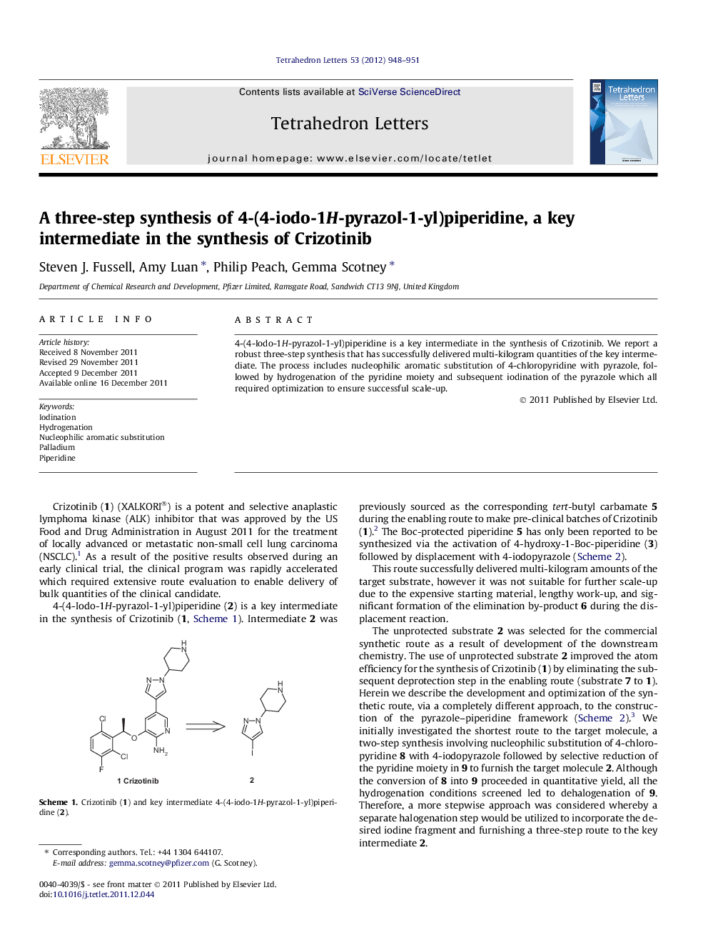 A three-step synthesis of 4-(4-iodo-1H-pyrazol-1-yl)piperidine, a key intermediate in the synthesis of Crizotinib