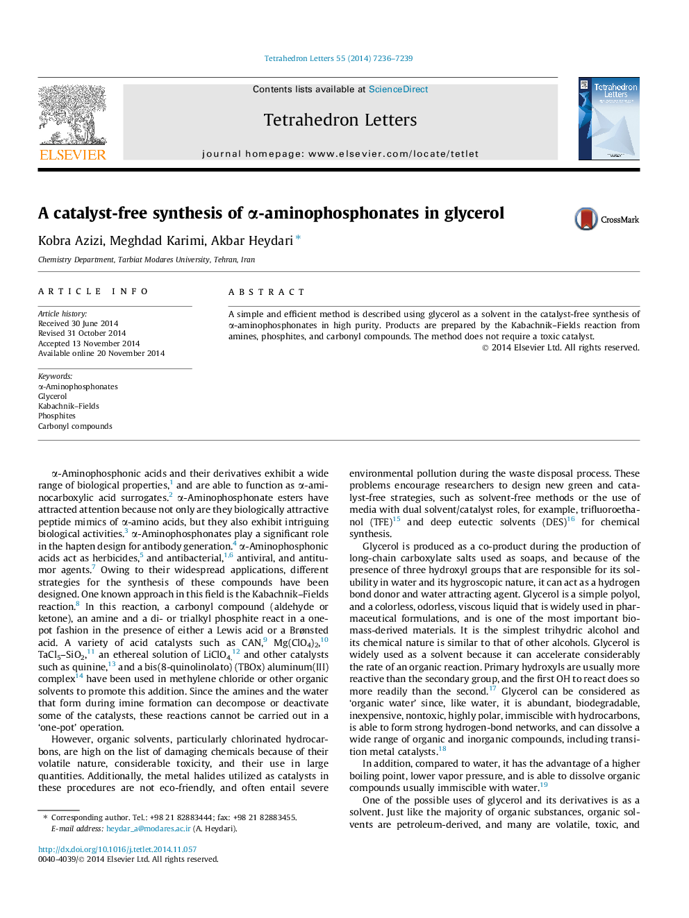 A catalyst-free synthesis of Î±-aminophosphonates in glycerol