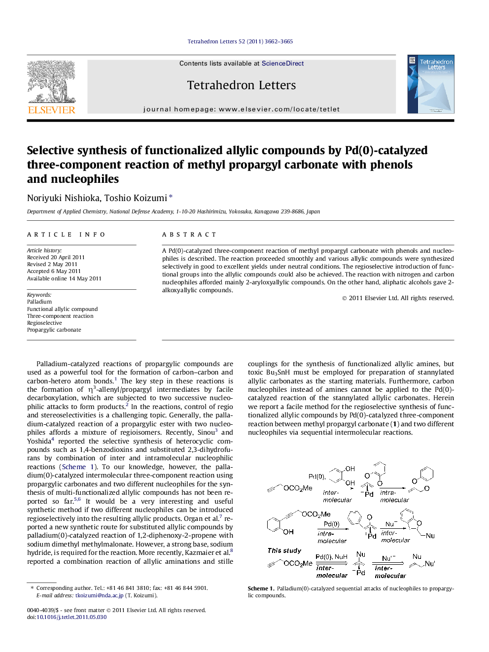 Selective synthesis of functionalized allylic compounds by Pd(0)-catalyzed three-component reaction of methyl propargyl carbonate with phenols and nucleophiles