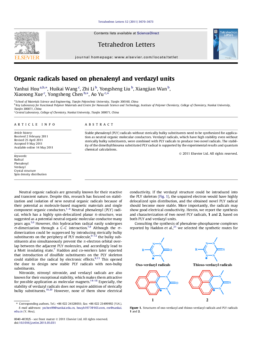 Organic radicals based on phenalenyl and verdazyl units