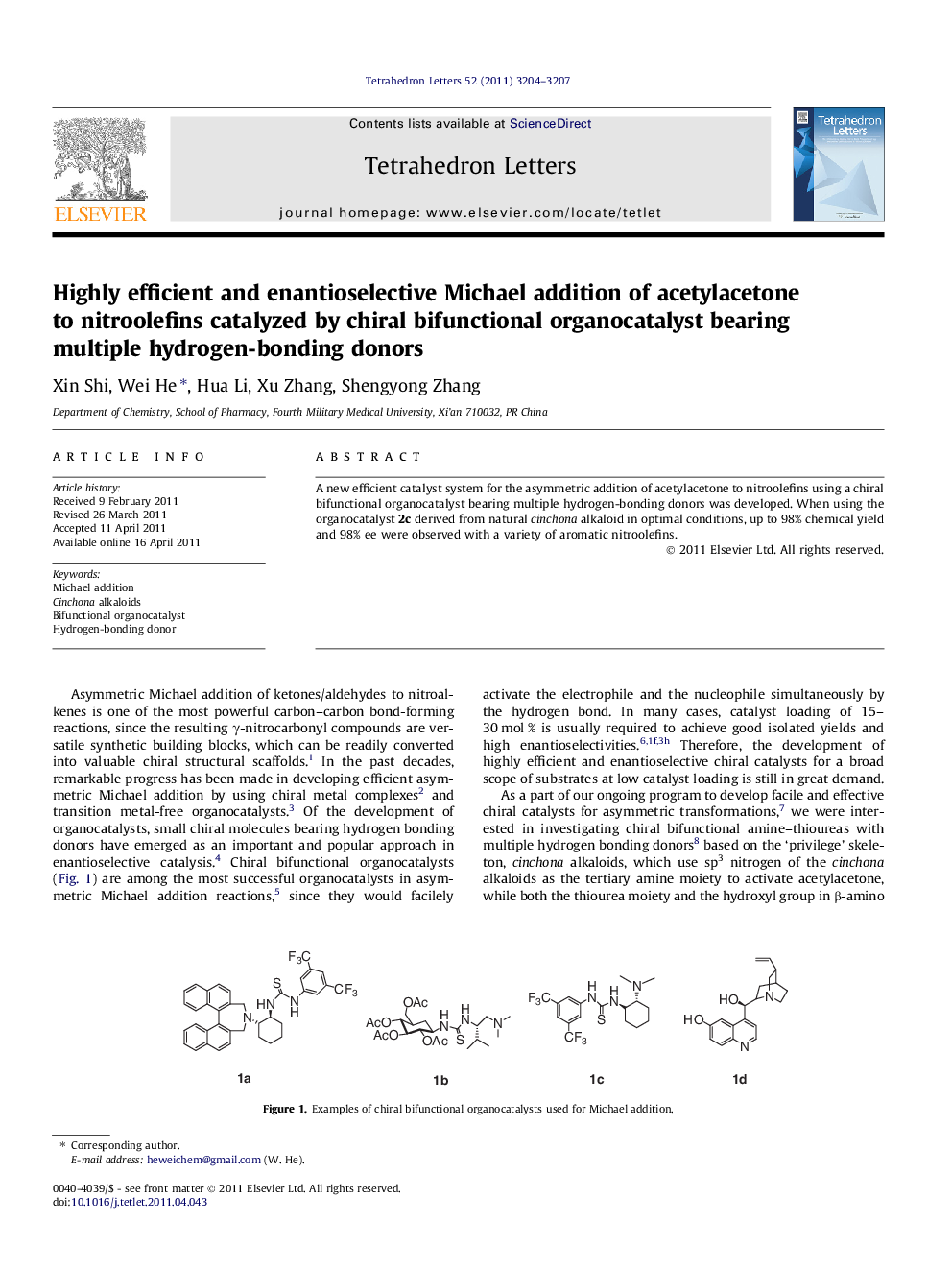 Highly efficient and enantioselective Michael addition of acetylacetone to nitroolefins catalyzed by chiral bifunctional organocatalyst bearing multiple hydrogen-bonding donors