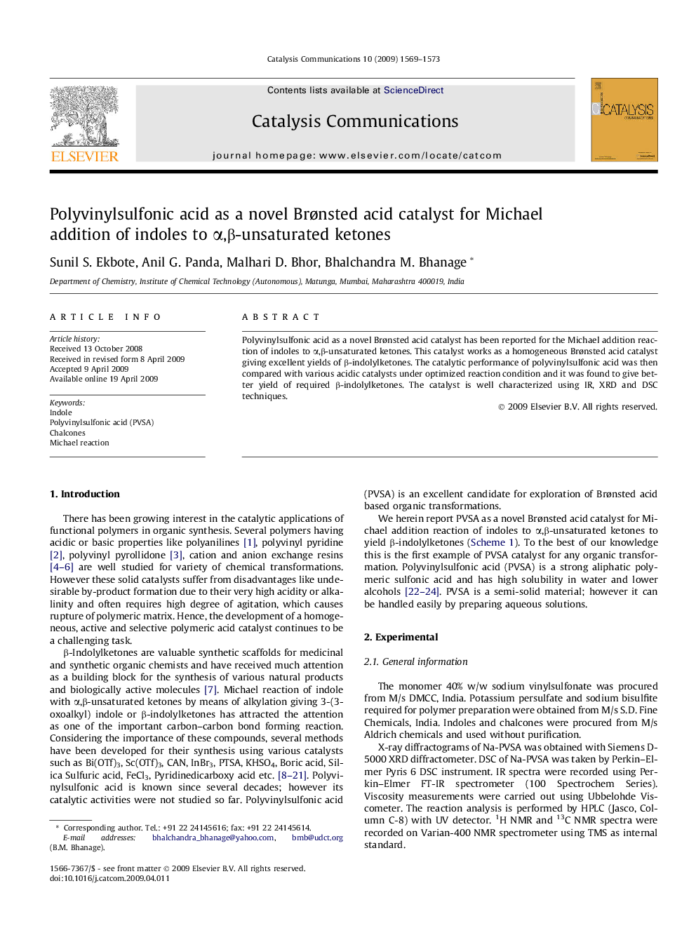 Polyvinylsulfonic acid as a novel Brønsted acid catalyst for Michael addition of indoles to α,β-unsaturated ketones