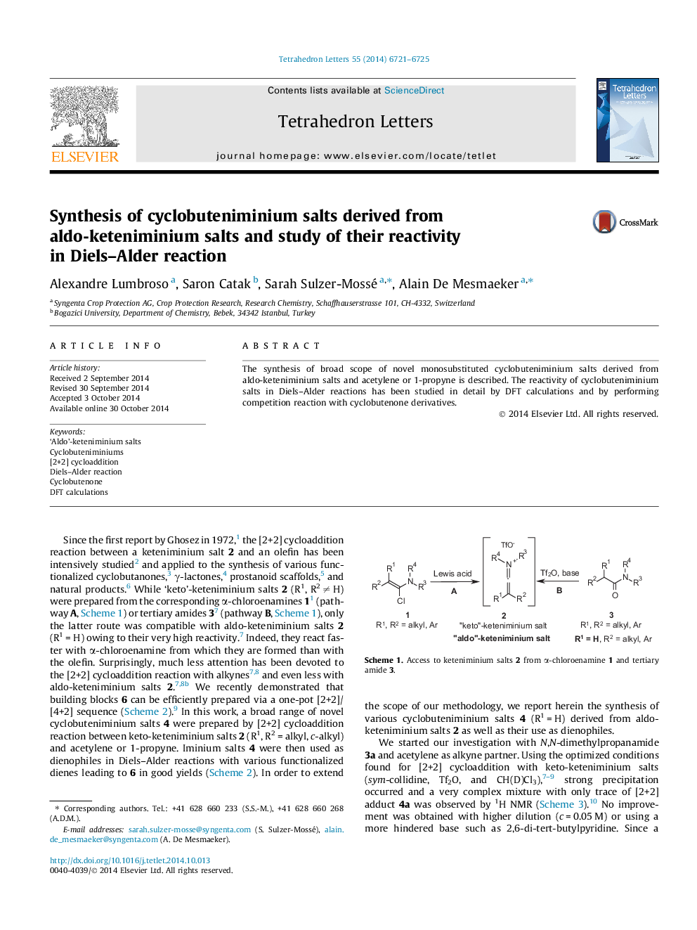 Synthesis of cyclobuteniminium salts derived from aldo-keteniminium salts and study of their reactivity in Diels-Alder reaction