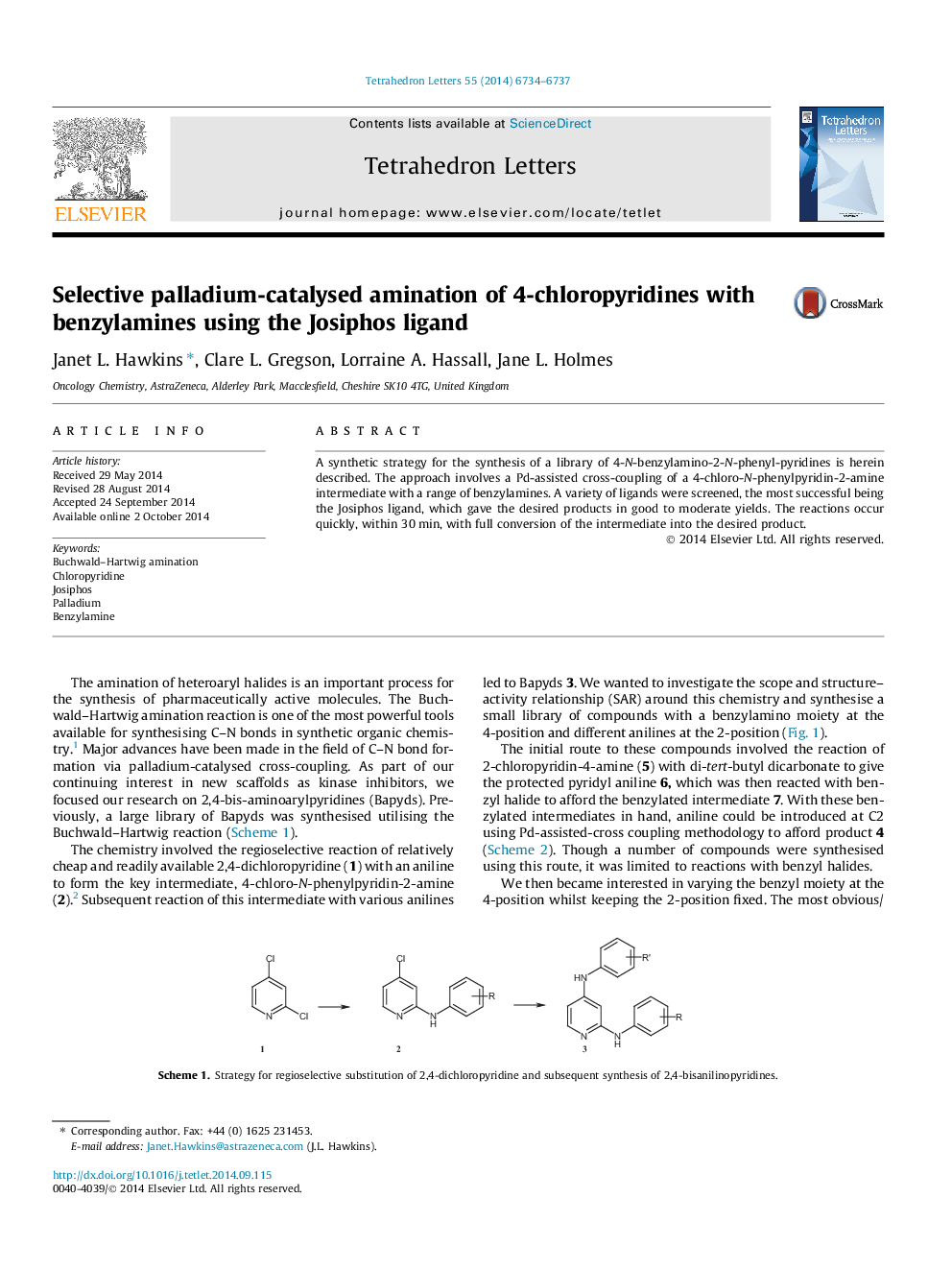 Selective palladium-catalysed amination of 4-chloropyridines with benzylamines using the Josiphos ligand