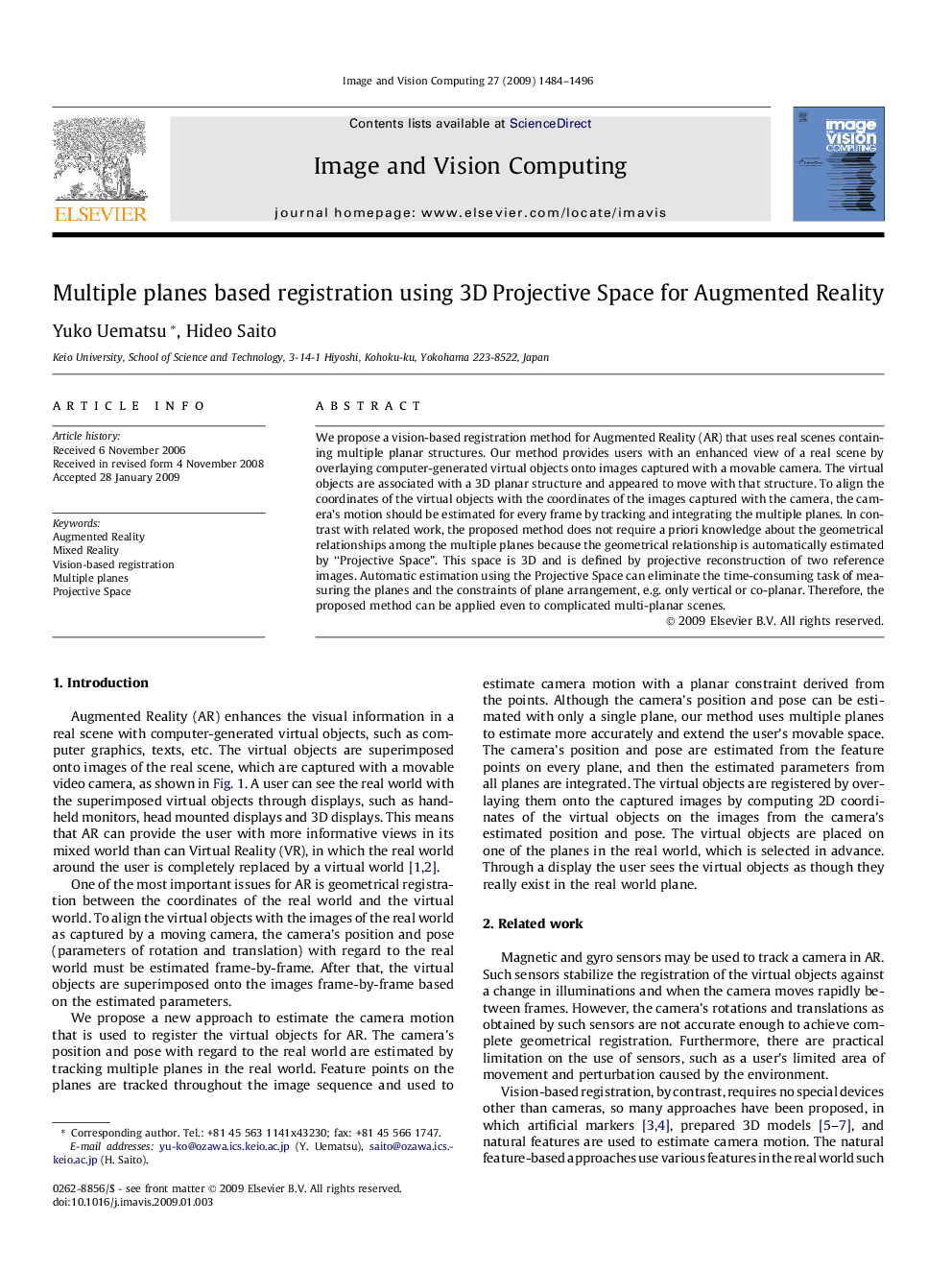 Multiple planes based registration using 3D Projective Space for Augmented Reality