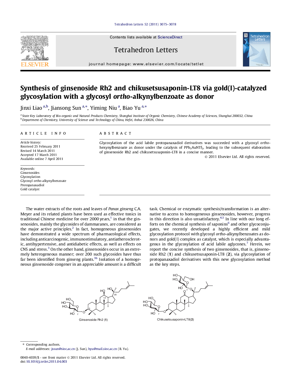 Synthesis of ginsenoside Rh2 and chikusetsusaponin-LT8 via gold(I)-catalyzed glycosylation with a glycosyl ortho-alkynylbenzoate as donor