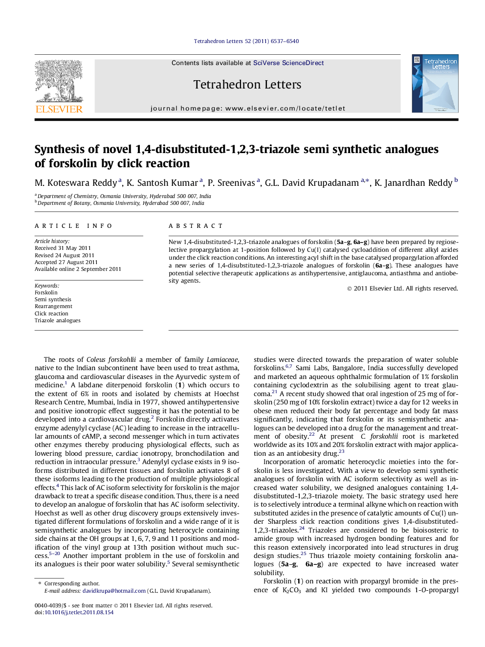 Synthesis of novel 1,4-disubstituted-1,2,3-triazole semi synthetic analogues of forskolin by click reaction