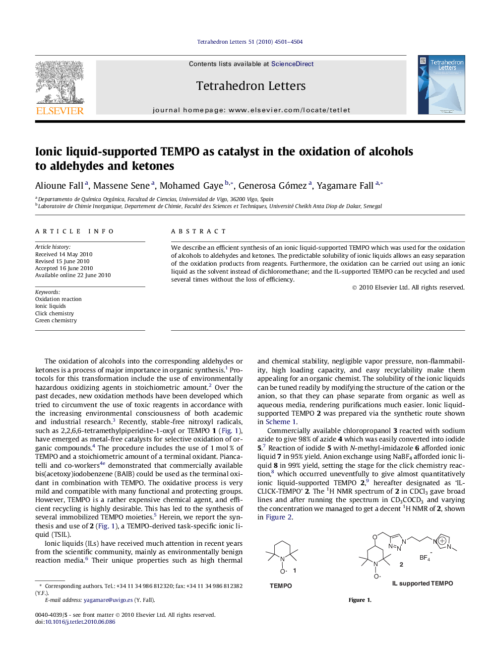 Ionic liquid-supported TEMPO as catalyst in the oxidation of alcohols to aldehydes and ketones