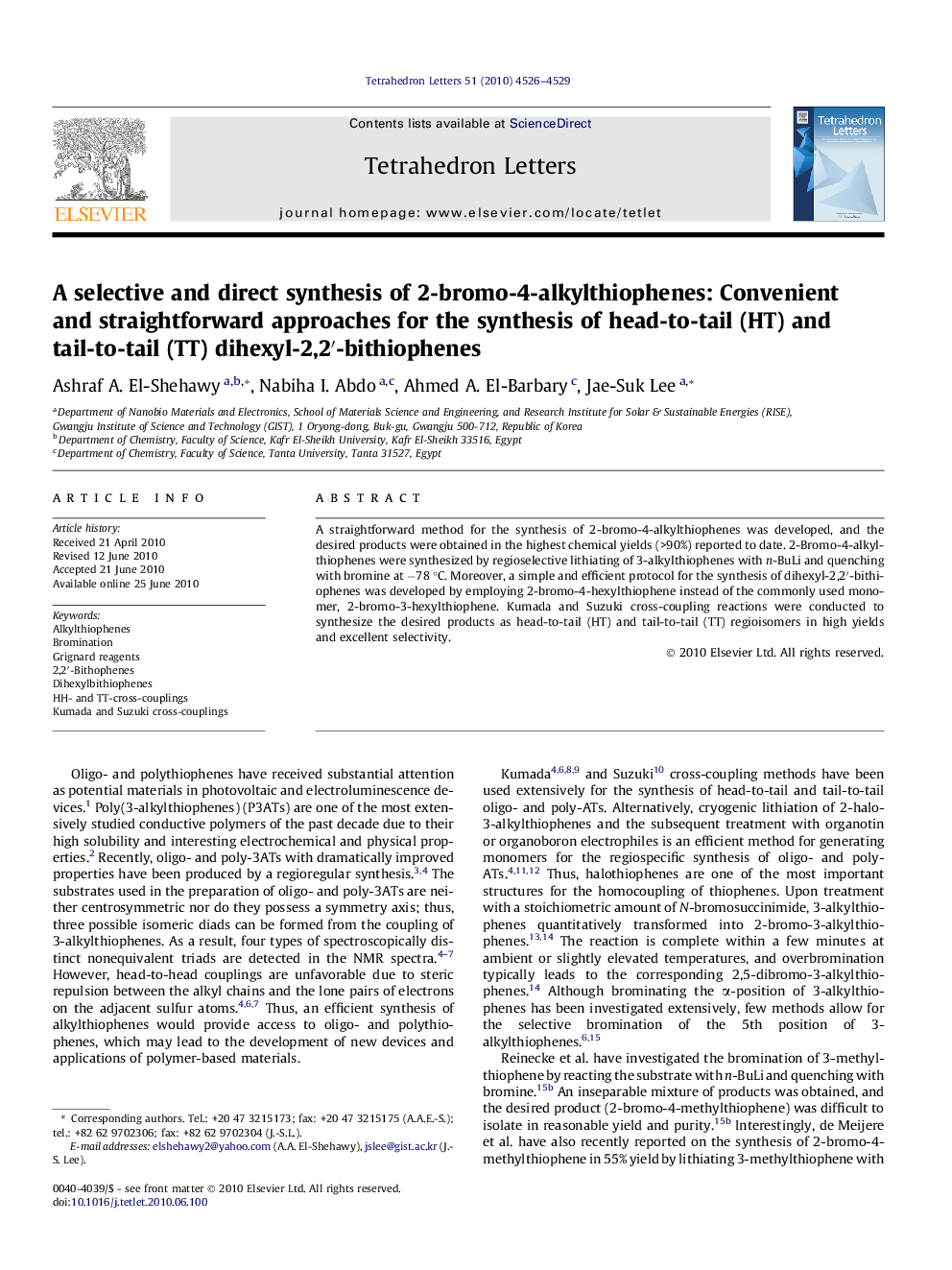 A selective and direct synthesis of 2-bromo-4-alkylthiophenes: Convenient and straightforward approaches for the synthesis of head-to-tail (HT) and tail-to-tail (TT) dihexyl-2,2â²-bithiophenes