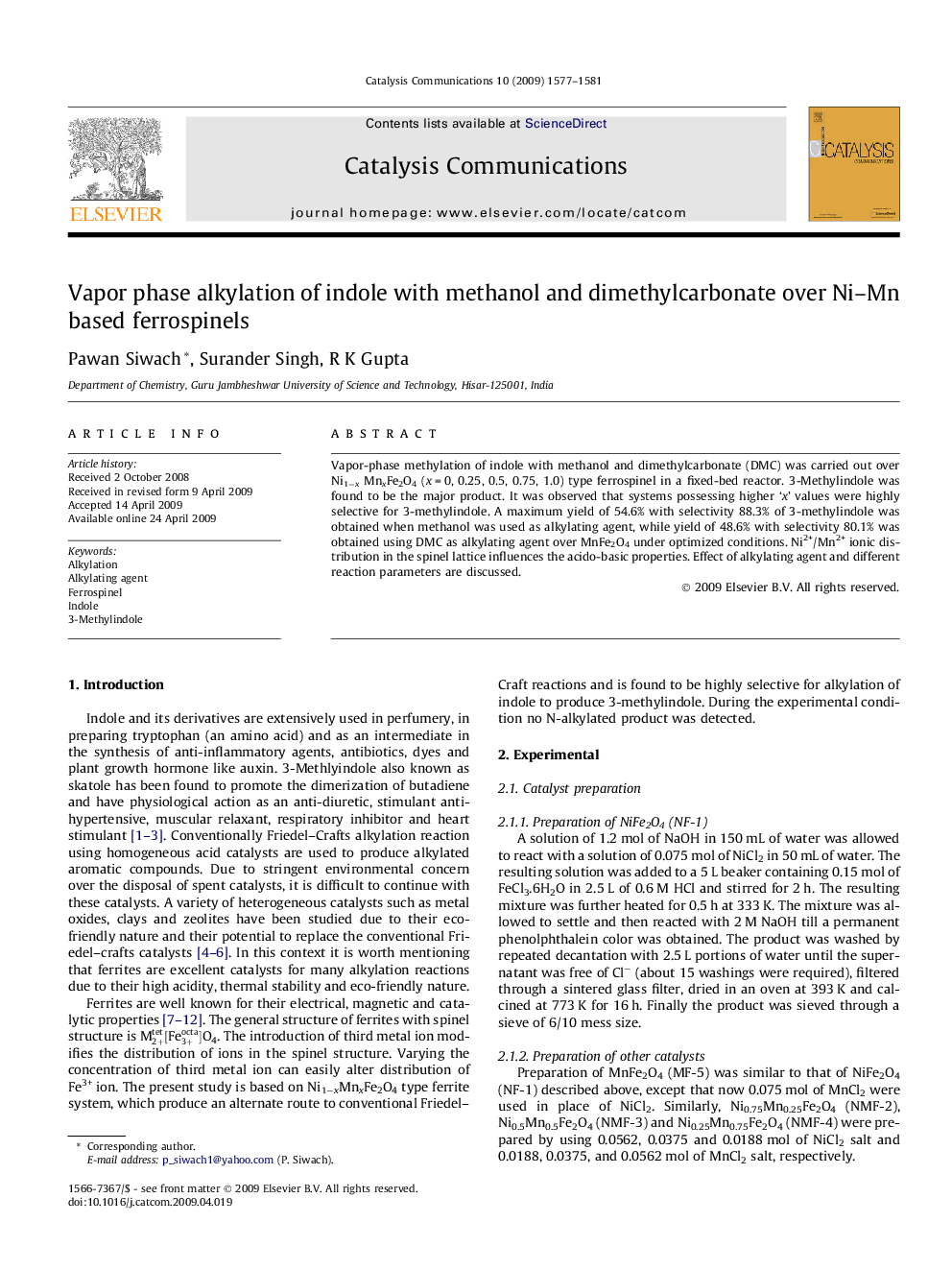 Vapor phase alkylation of indole with methanol and dimethylcarbonate over Ni–Mn based ferrospinels