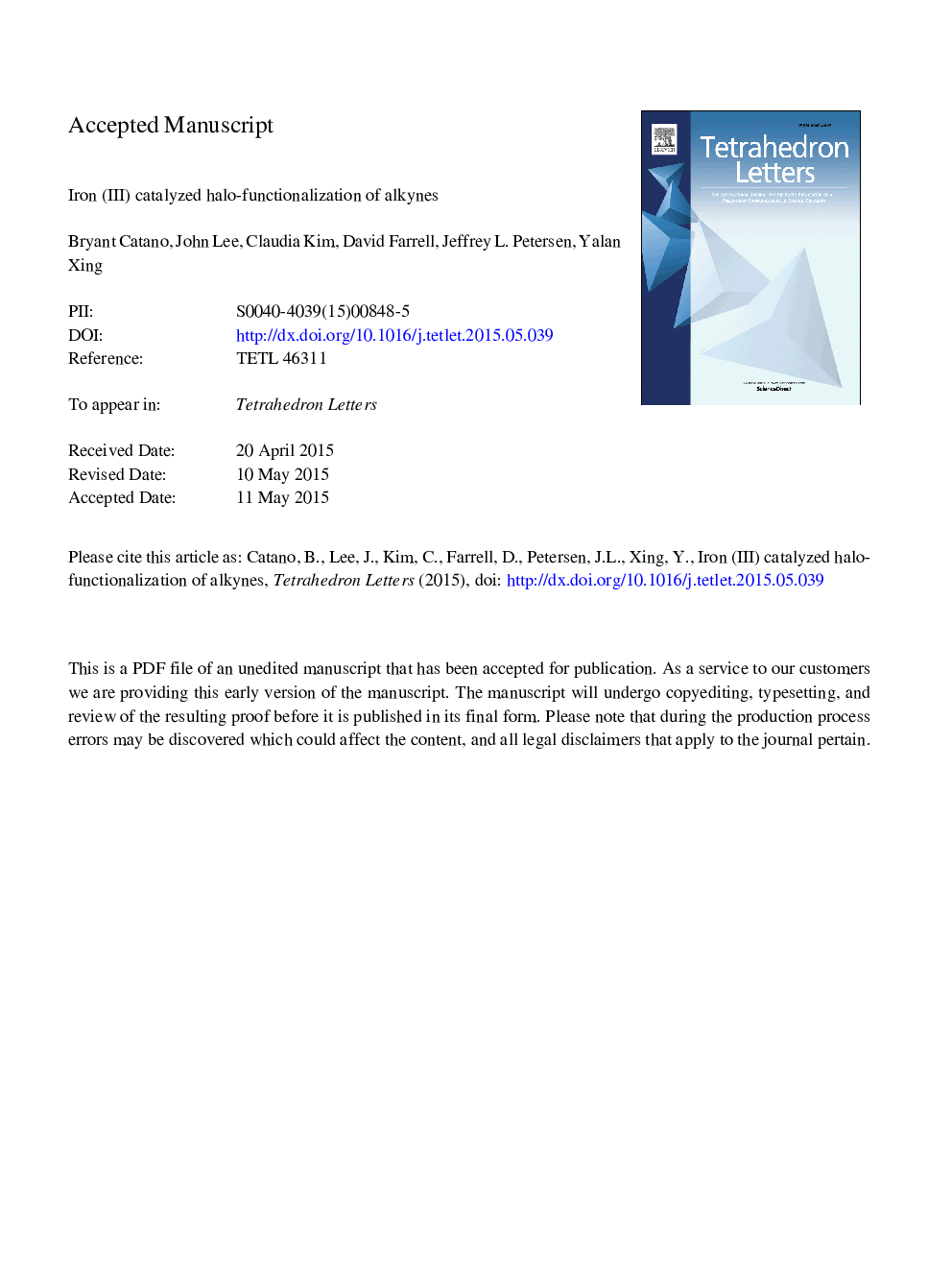 عکس صفحه اول مقاله: Iron(III) catalyzed halo-functionalization of alkynes Iron(III) catalyzed halo-functionalization of alkynes