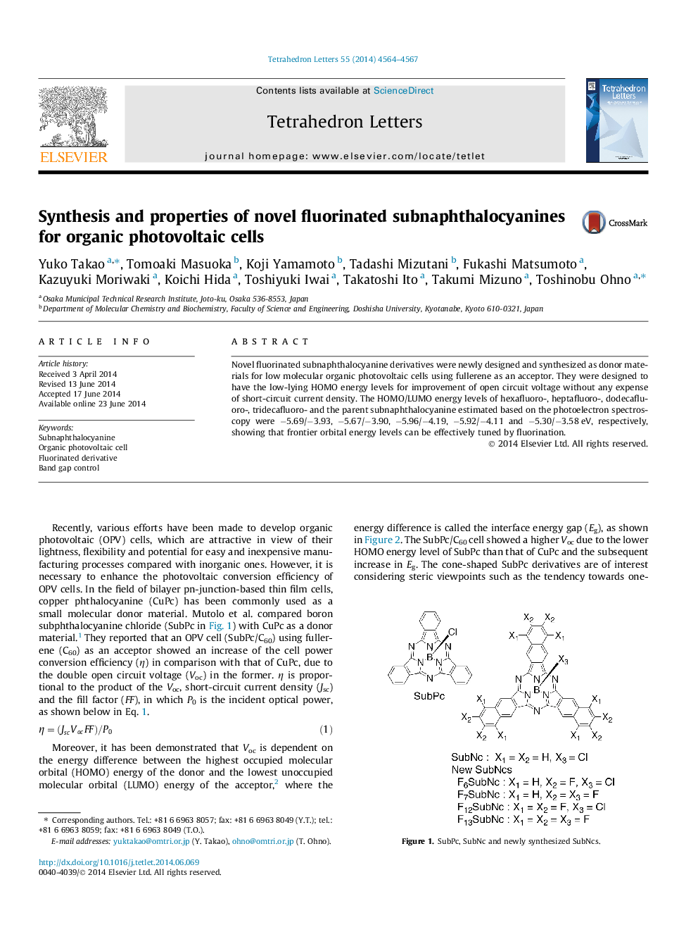 Synthesis and properties of novel fluorinated subnaphthalocyanines for organic photovoltaic cells