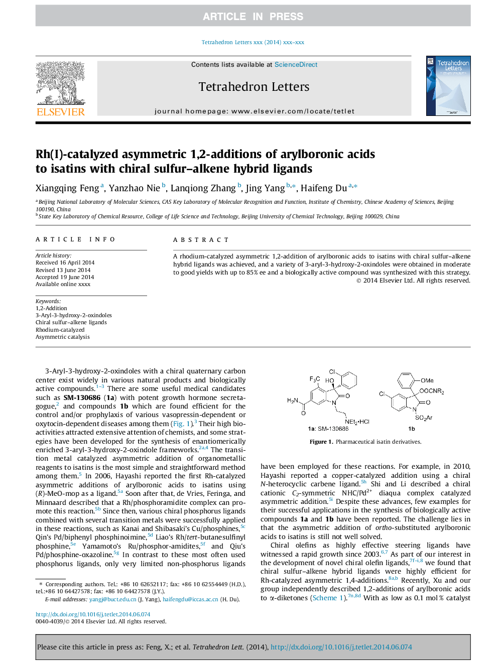 Rh(I)-catalyzed asymmetric 1,2-additions of arylboronic acids to isatins with chiral sulfur-alkene hybrid ligands