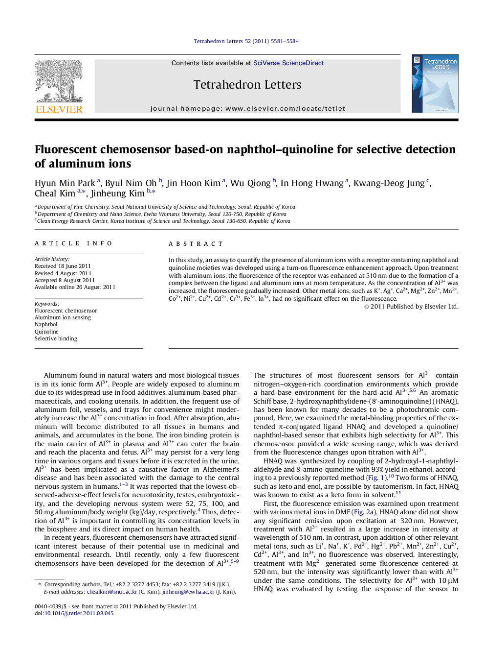 Fluorescent chemosensor based-on naphthol-quinoline for selective detection of aluminum ions