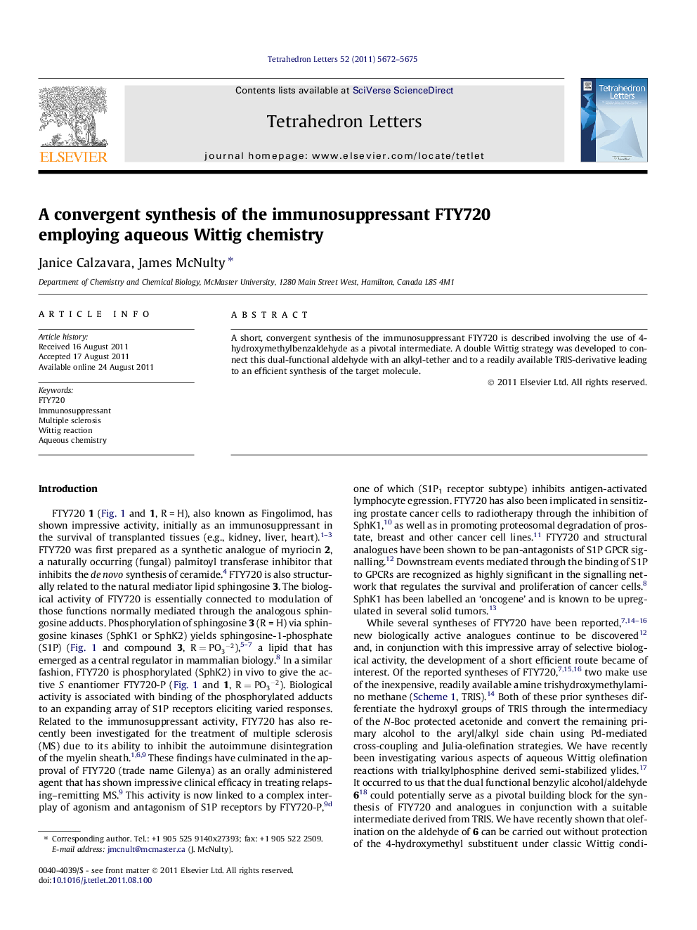 A convergent synthesis of the immunosuppressant FTY720 employing aqueous Wittig chemistry