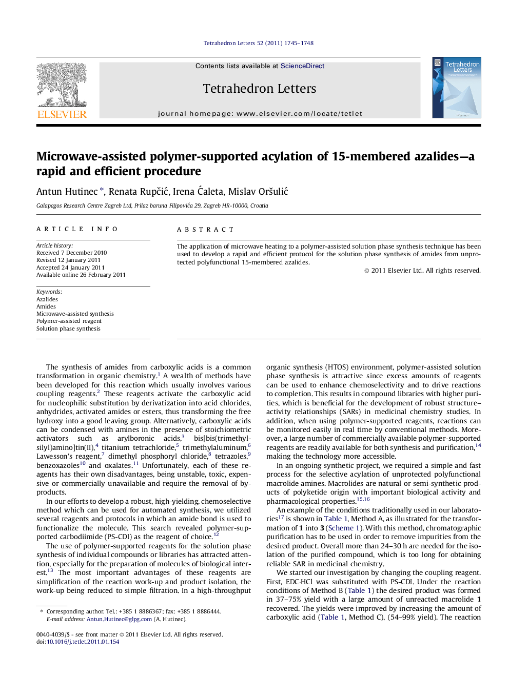 Microwave-assisted polymer-supported acylation of 15-membered azalides-a rapid and efficient procedure