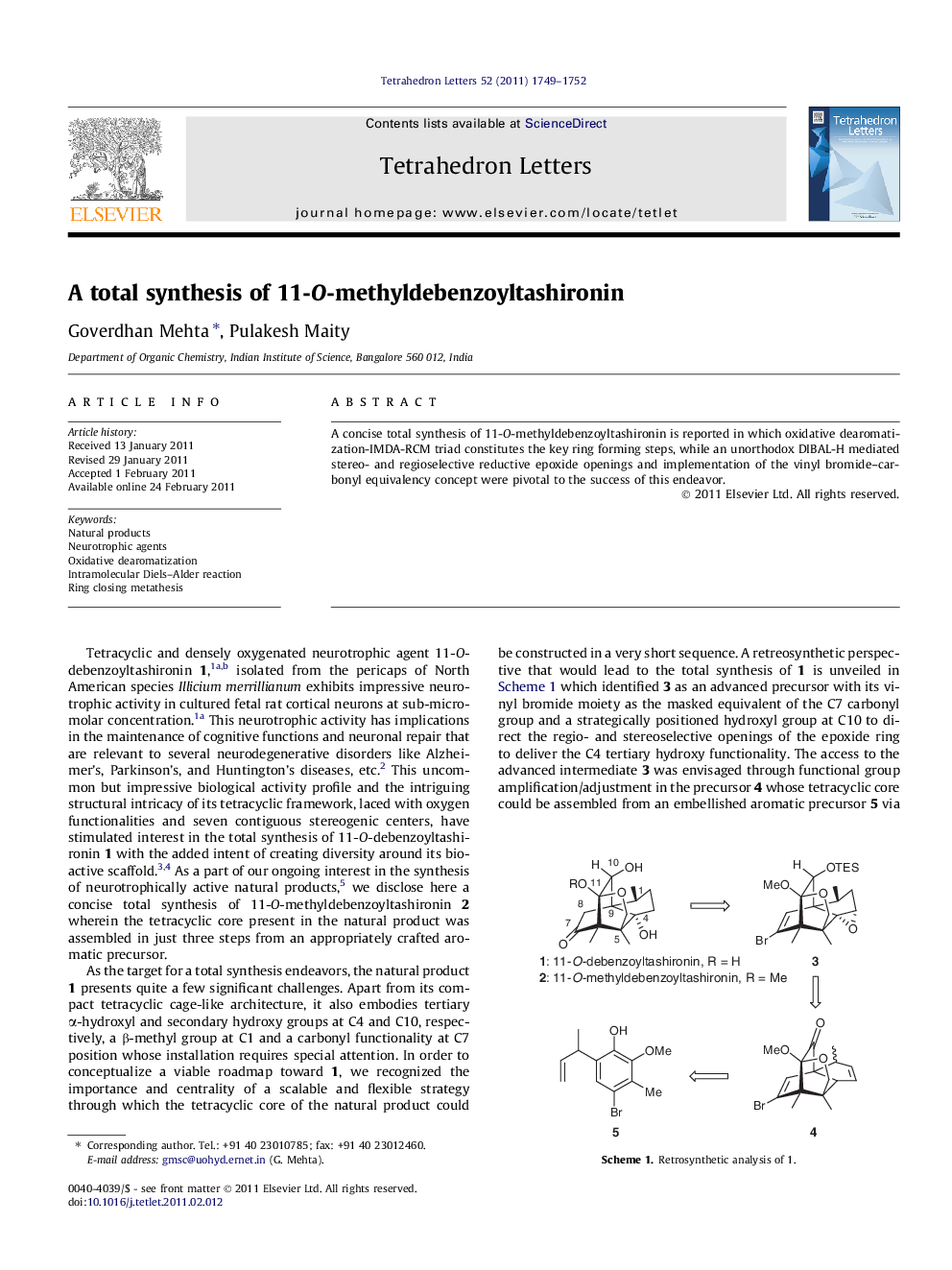 A total synthesis of 11-O-methyldebenzoyltashironin