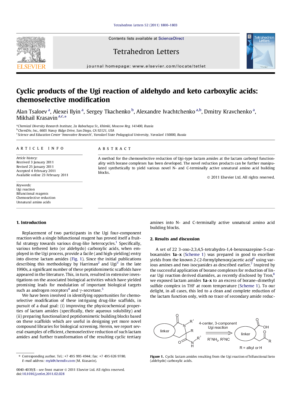 Cyclic products of the Ugi reaction of aldehydo and keto carboxylic acids: chemoselective modification