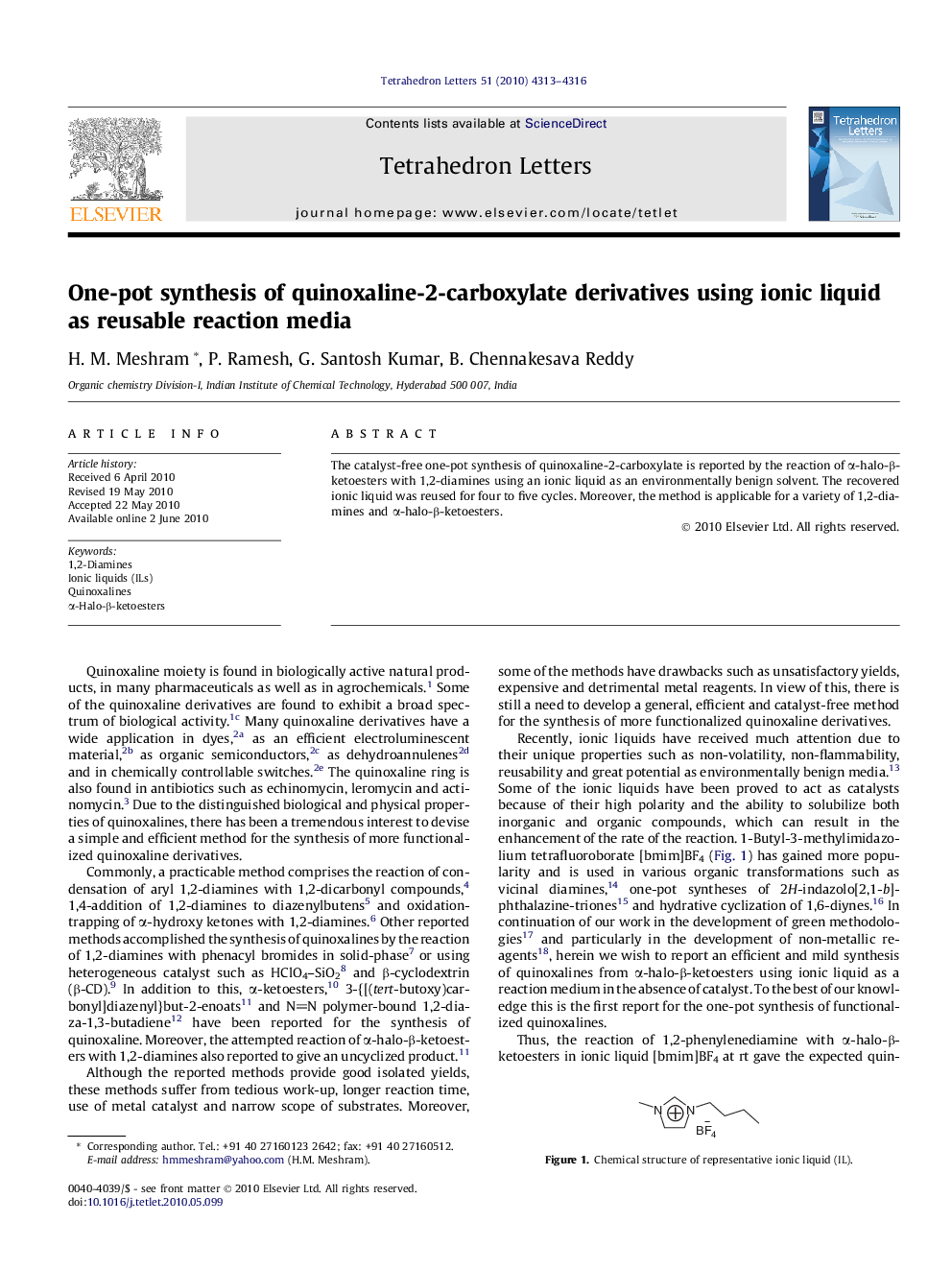 One-pot synthesis of quinoxaline-2-carboxylate derivatives using ionic liquid as reusable reaction media