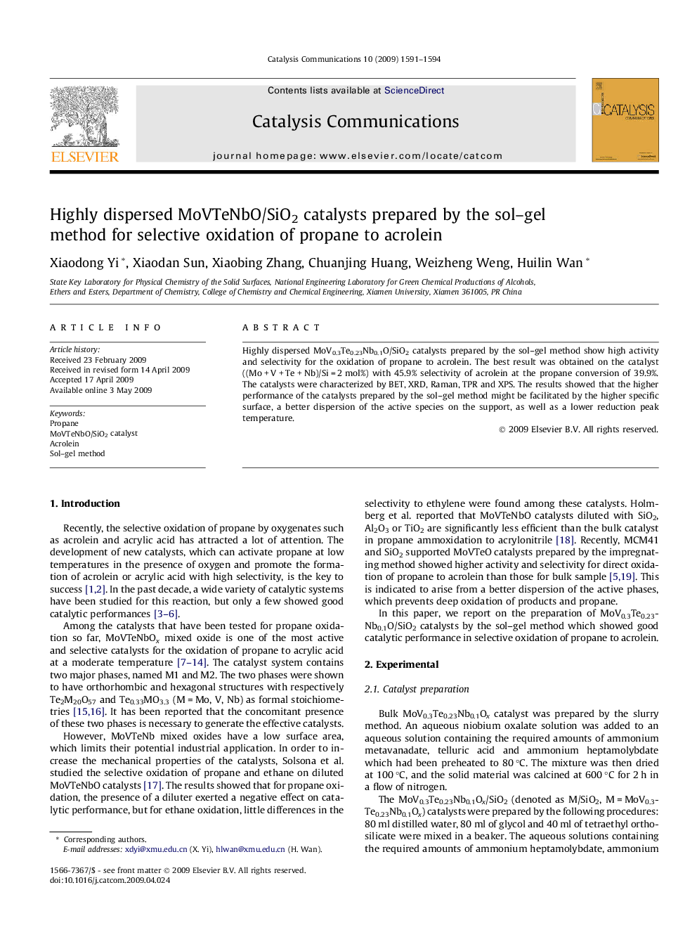 Highly dispersed MoVTeNbO/SiO2 catalysts prepared by the sol–gel method for selective oxidation of propane to acrolein