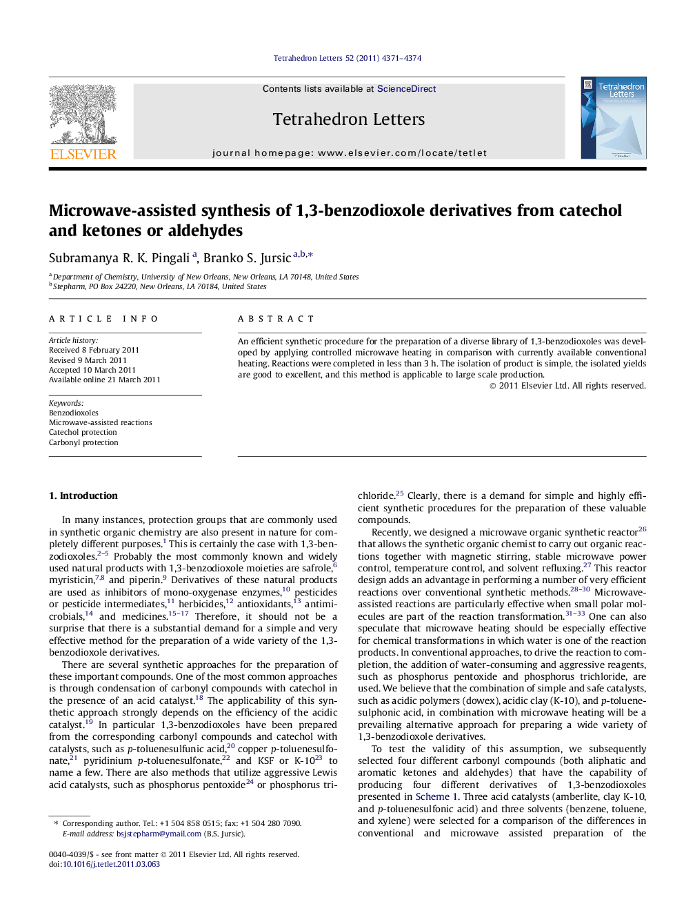 Microwave-assisted synthesis of 1,3-benzodioxole derivatives from catechol and ketones or aldehydes