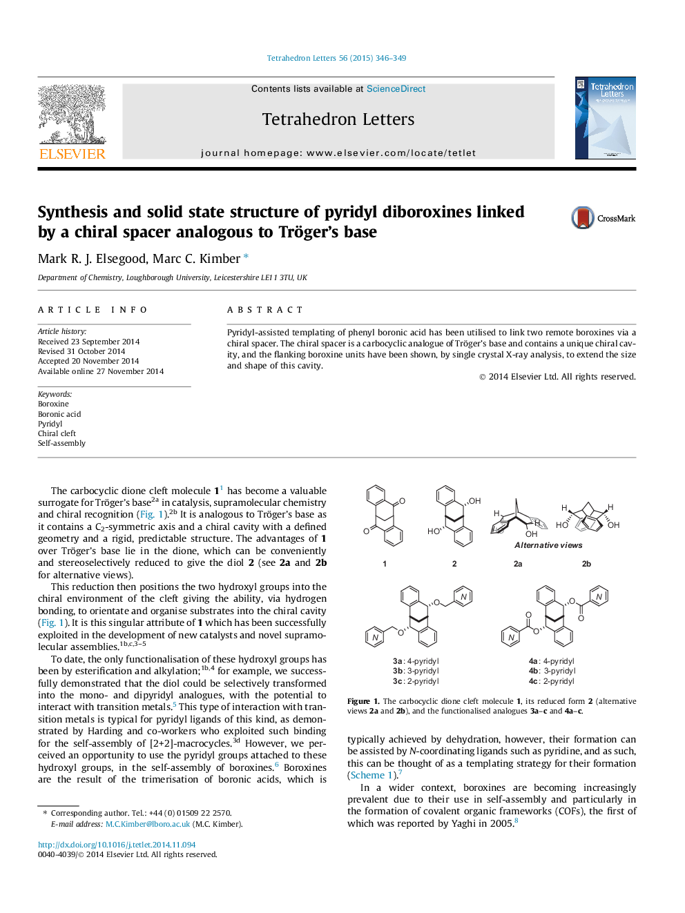 Synthesis and solid state structure of pyridyl diboroxines linked by a chiral spacer analogous to Tröger's base