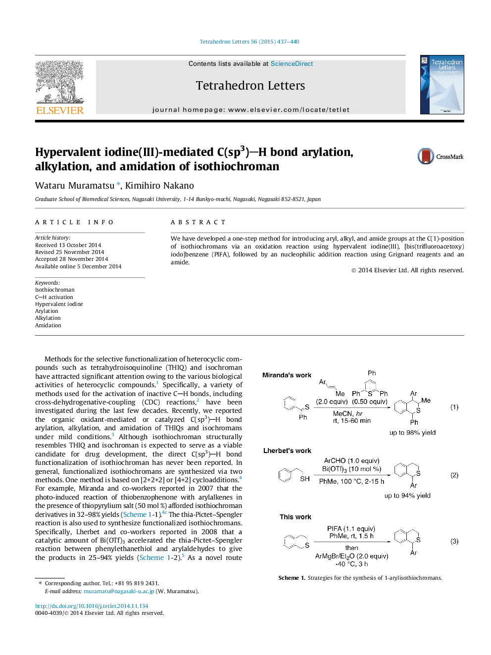 Hypervalent iodine(III)-mediated C(sp3)H bond arylation, alkylation, and amidation of isothiochroman