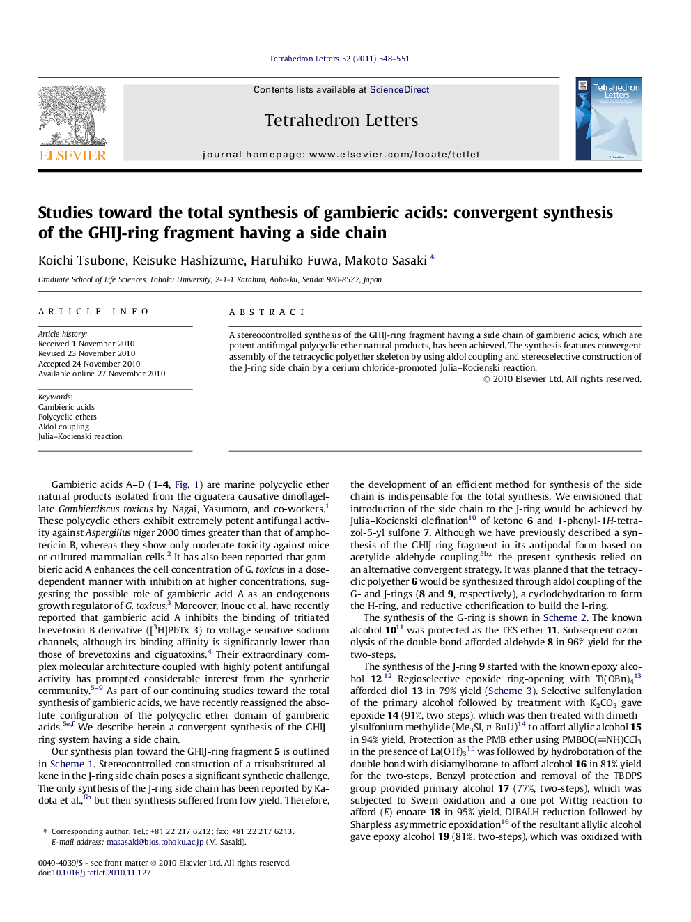 Studies toward the total synthesis of gambieric acids: convergent synthesis of the GHIJ-ring fragment having a side chain