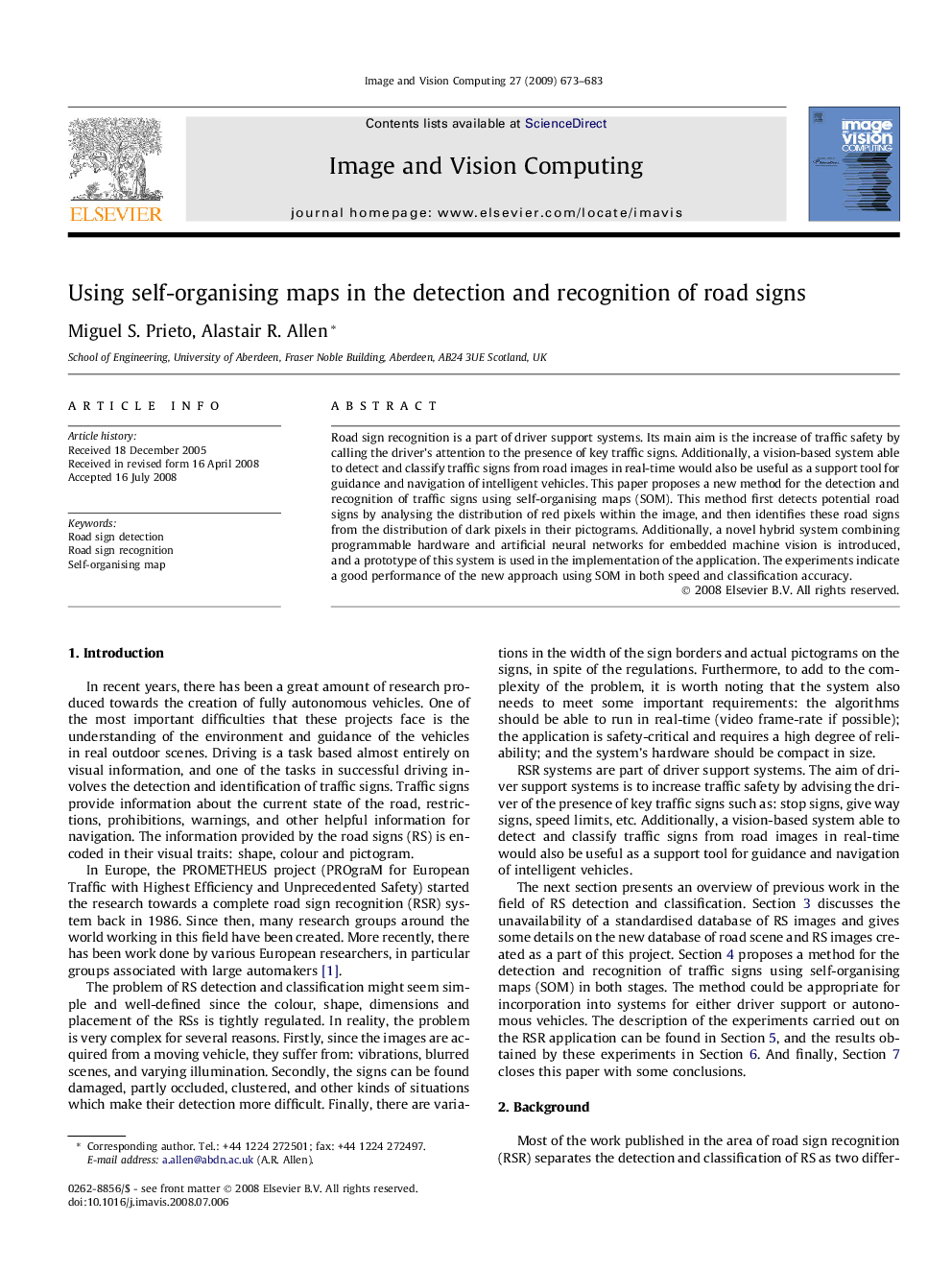 Using self-organising maps in the detection and recognition of road signs