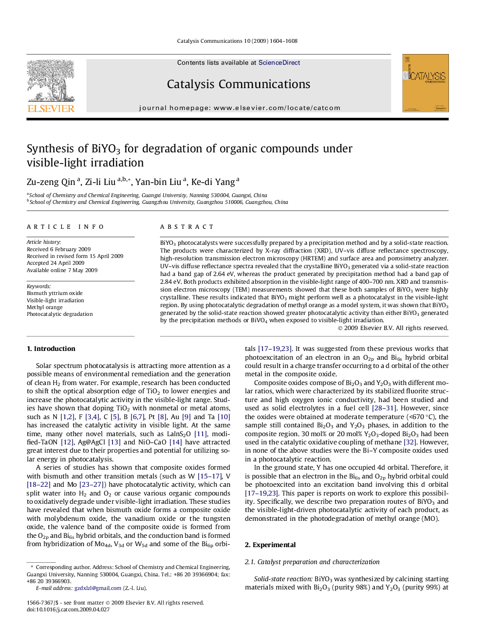 Synthesis of BiYO3 for degradation of organic compounds under visible-light irradiation