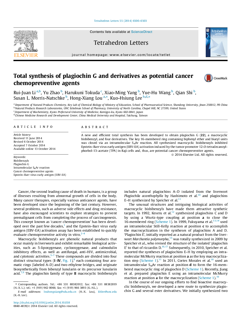 Total synthesis of plagiochin G and derivatives as potential cancer chemopreventive agents