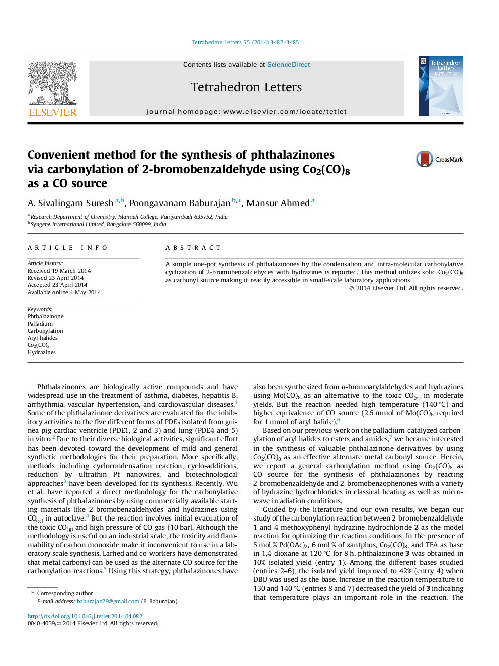 Convenient method for the synthesis of phthalazinones via carbonylation of 2-bromobenzaldehyde using Co2(CO)8 as a CO source