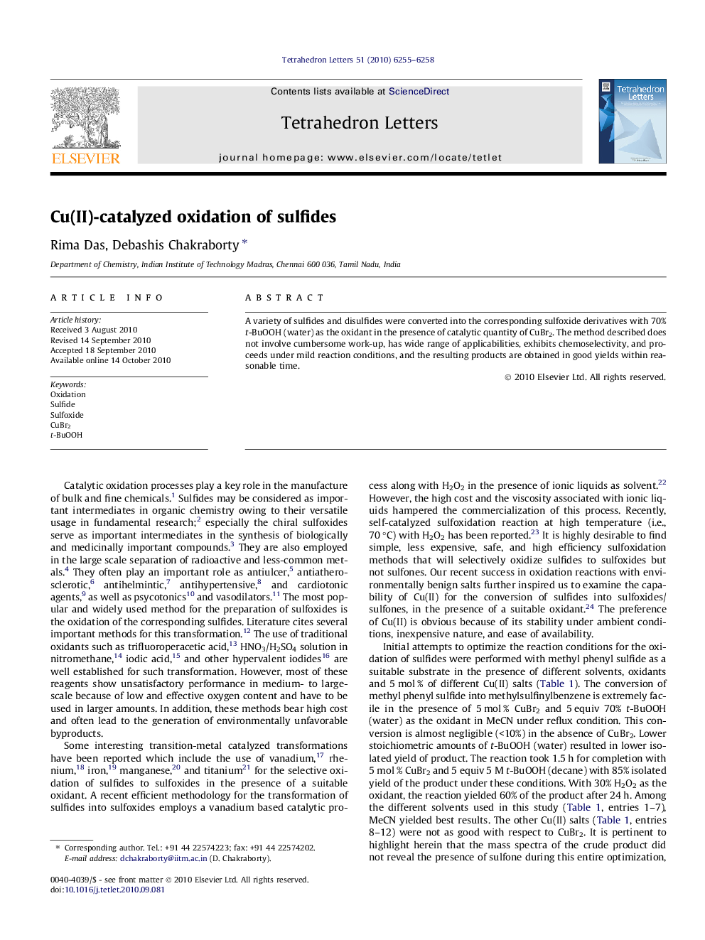 Cu(II)-catalyzed oxidation of sulfides