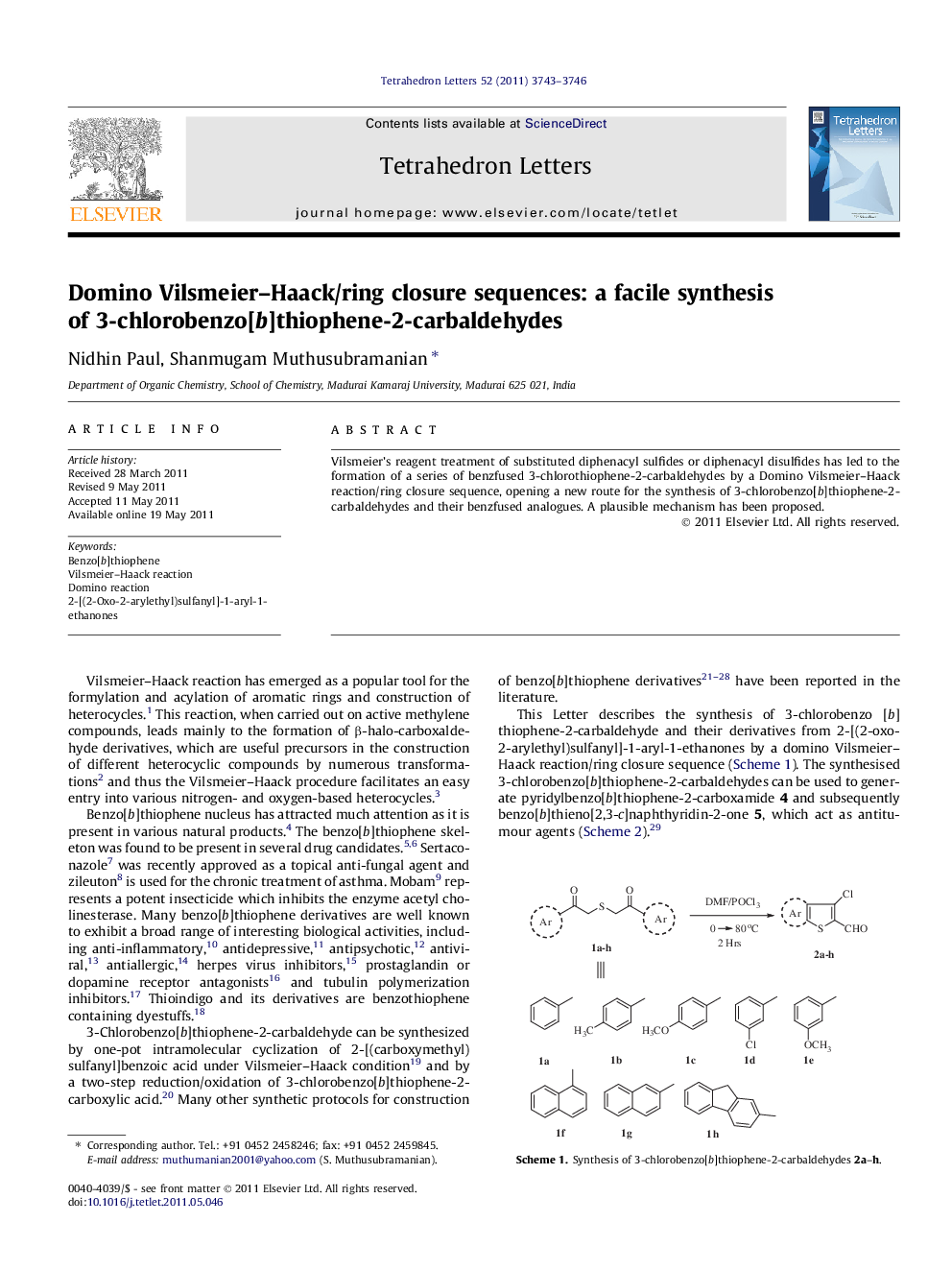 Domino Vilsmeier-Haack/ring closure sequences: a facile synthesis of 3-chlorobenzo[b]thiophene-2-carbaldehydes