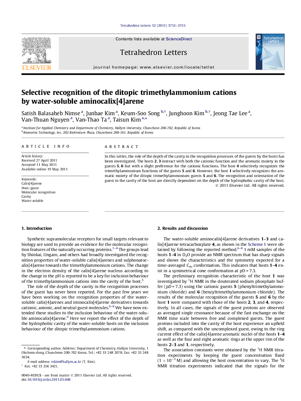 Selective recognition of the ditopic trimethylammonium cations by water-soluble aminocalix[4]arene