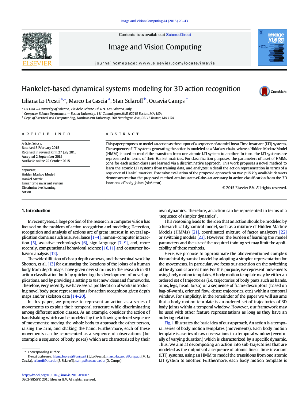 Hankelet-based dynamical systems modeling for 3D action recognition