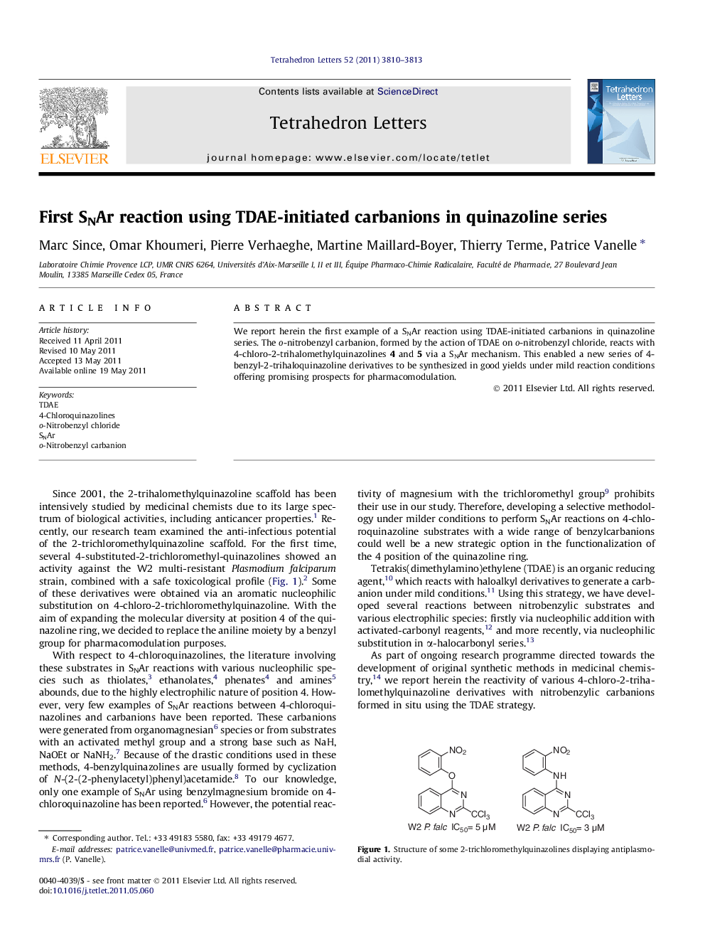 First SNAr reaction using TDAE-initiated carbanions in quinazoline series