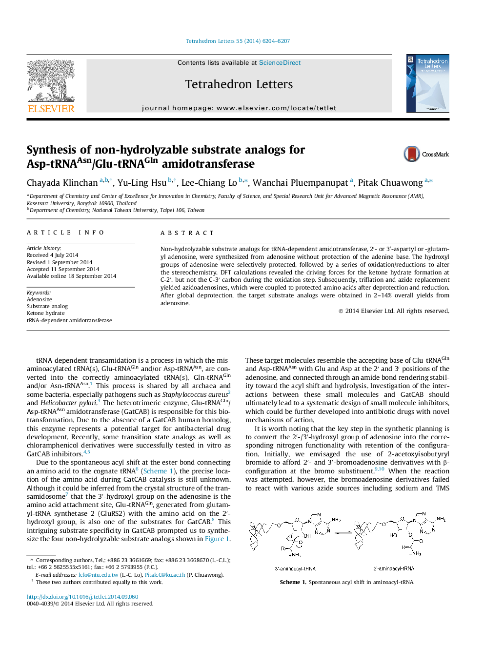 عکس صفحه اول مقاله: Synthesis of non-hydrolyzable substrate analogs for Asp-tRNAAsn/Glu-tRNAGln amidotransferase Synthesis of non-hydrolyzable substrate analogs for Asp-tRNAAsn/Glu-tRNAGln amidotransferase
