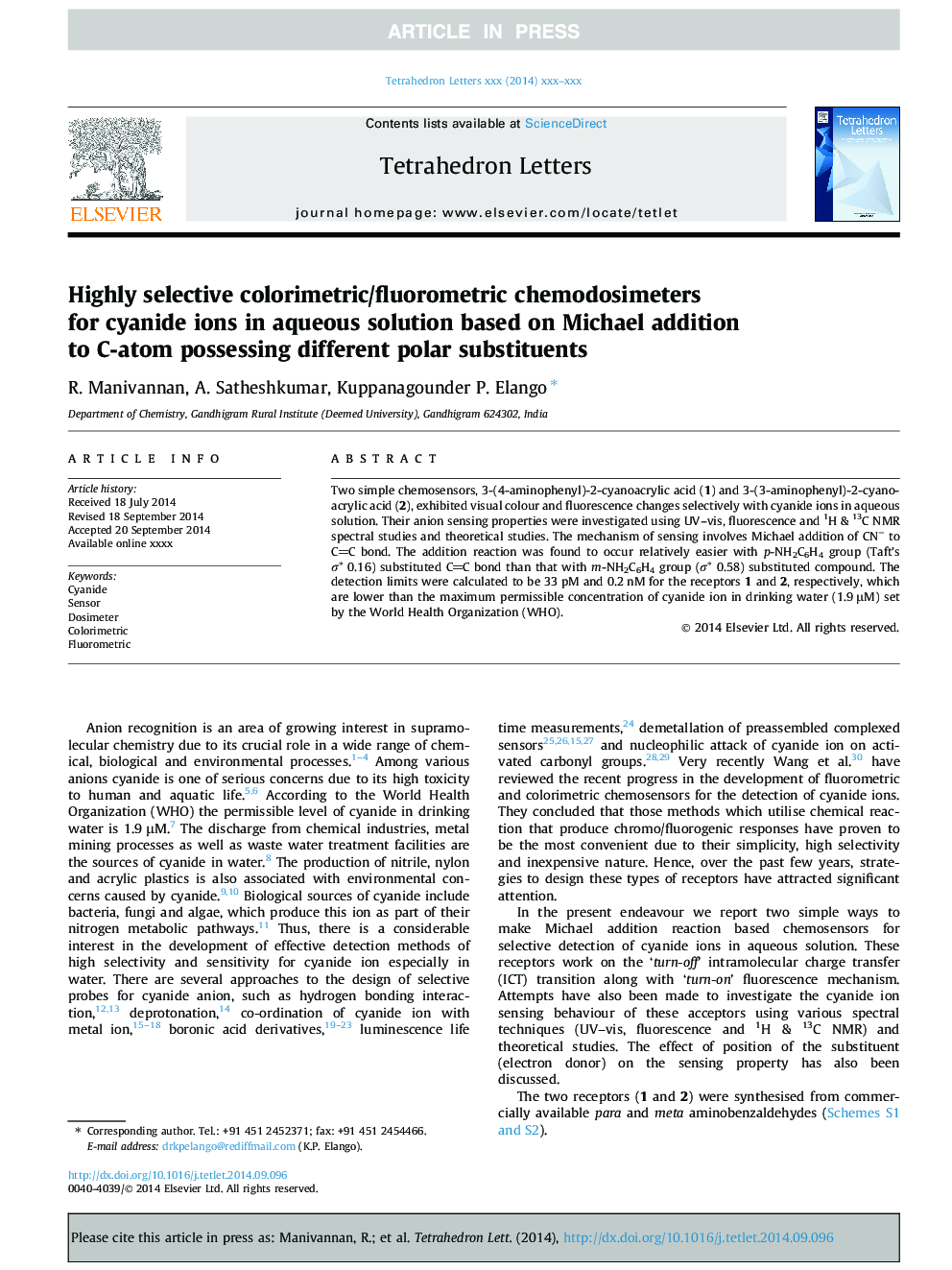 عکس صفحه اول مقاله: Highly selective colorimetric/fluorometric chemodosimeters for cyanide ions in aqueous solution based on Michael addition to C-atom possessing different polar substituents Highly selective colorimetric/fluorometric chemodosimeters for cyanide ions in aqueous solution based on Michael addition to C-atom possessing different polar substituents