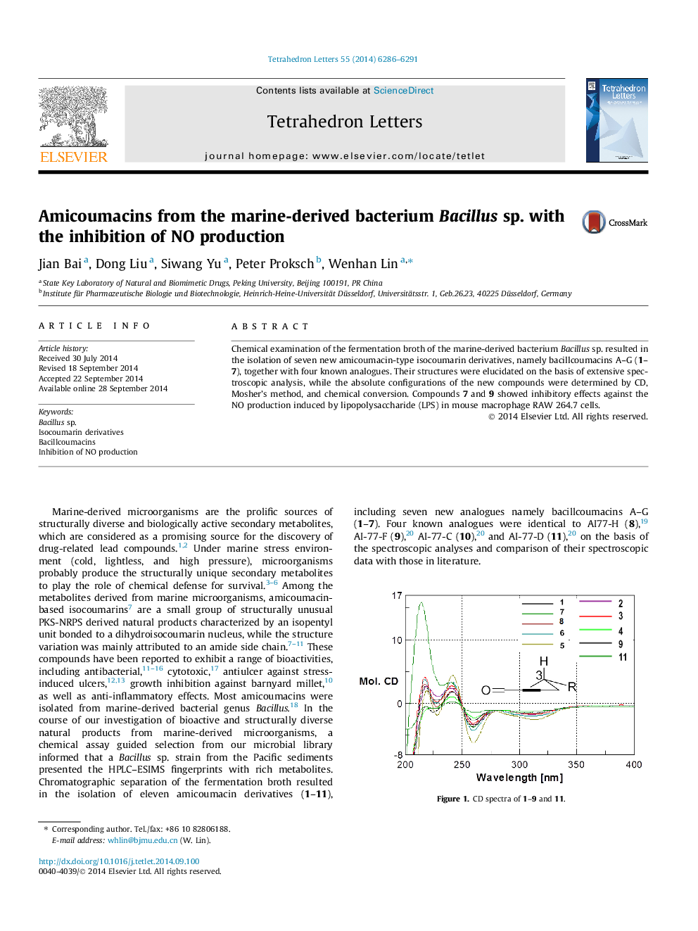 Amicoumacins from the marine-derived bacterium Bacillus sp. with the inhibition of NO production