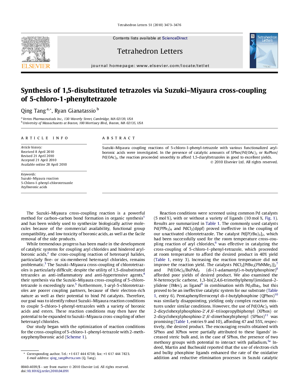 Synthesis of 1,5-disubstituted tetrazoles via Suzuki-Miyaura cross-coupling of 5-chloro-1-phenyltetrazole