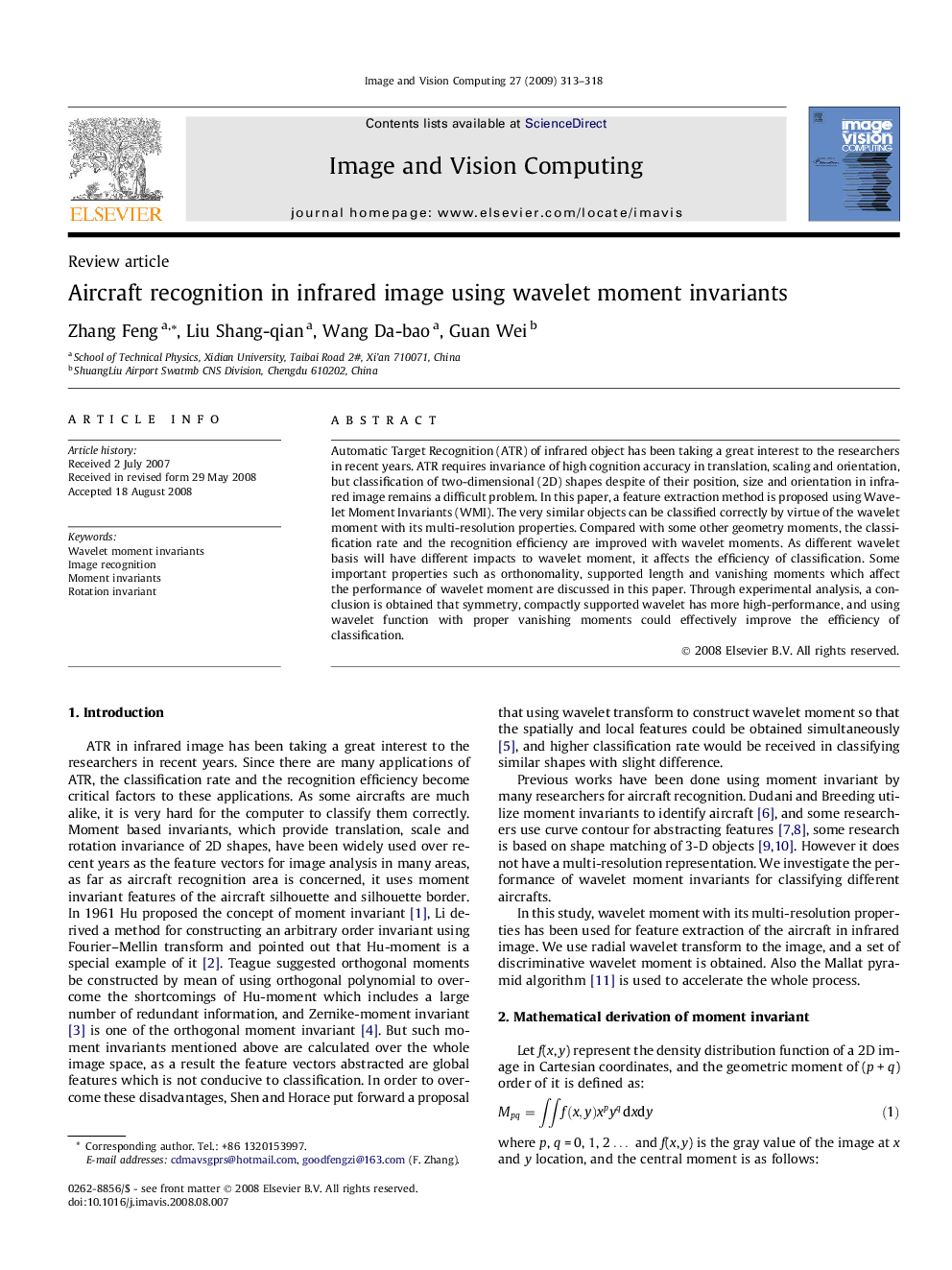 Aircraft recognition in infrared image using wavelet moment invariants